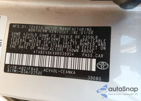 2008 Toyota Camry Le z USA, uszkodzony, nr VIN 4T4BE46KX8R039954